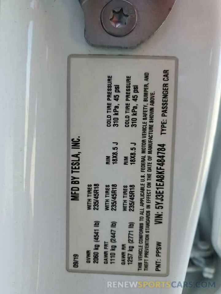 13 Photograph of a damaged car 5YJ3E1EA8KF484784 TESLA MODEL 3 2019