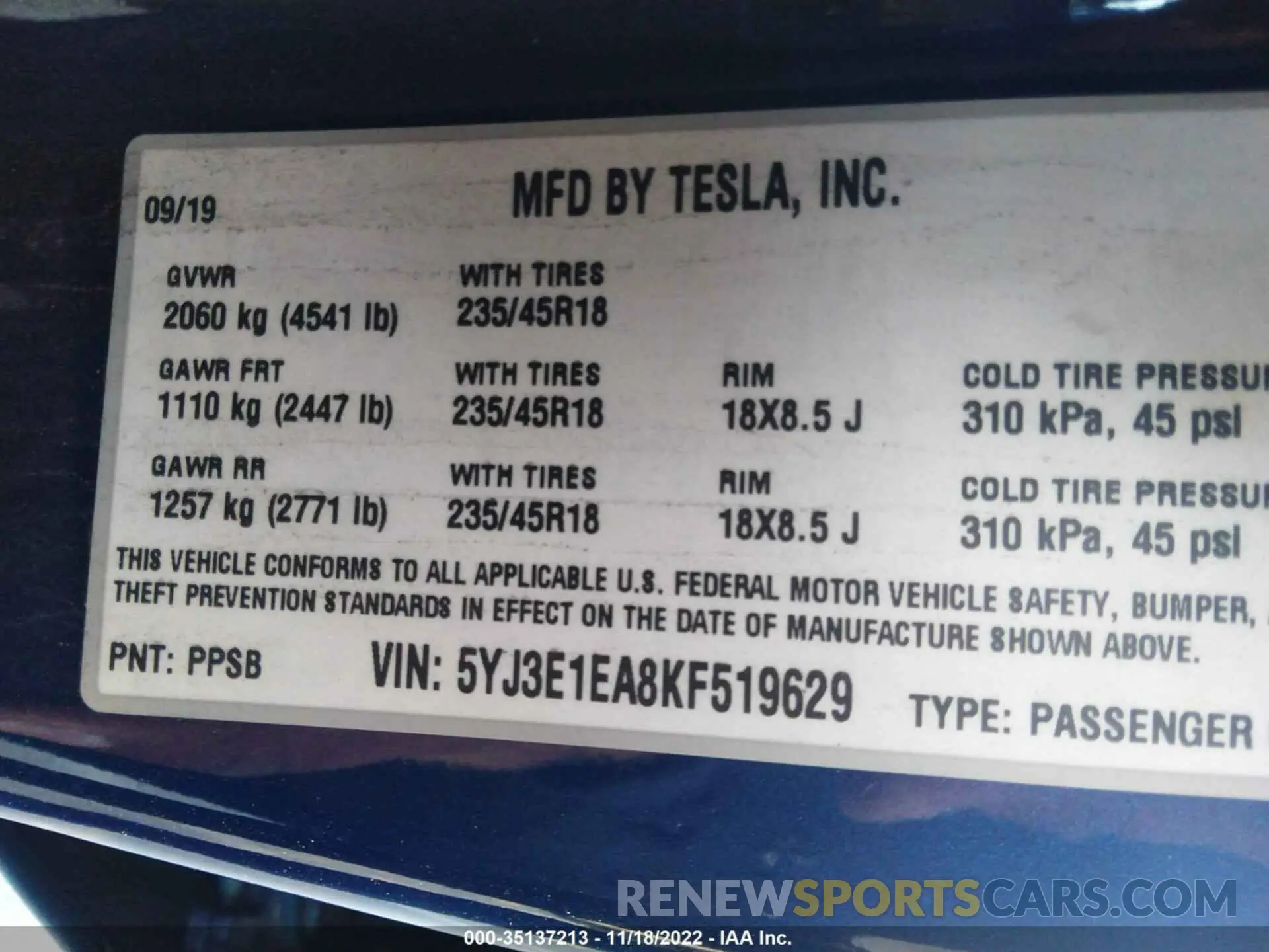 9 Photograph of a damaged car 5YJ3E1EA8KF519629 TESLA MODEL 3 2019