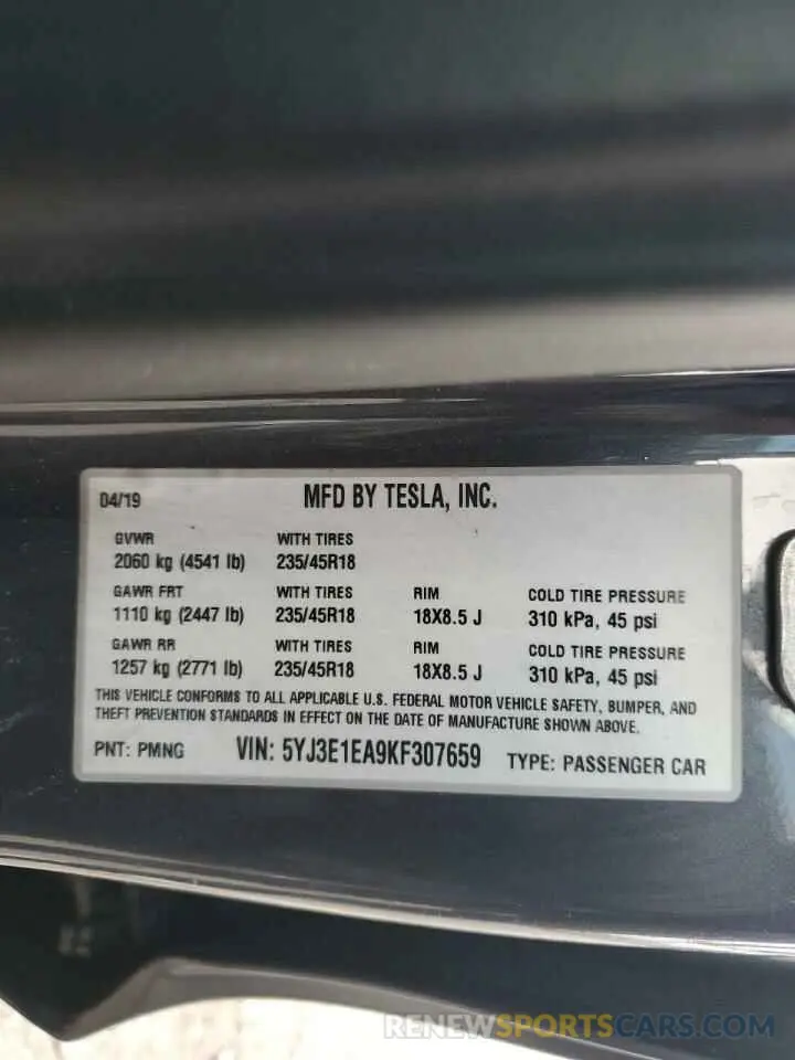 12 Photograph of a damaged car 5YJ3E1EA9KF307659 TESLA MODEL 3 2019
