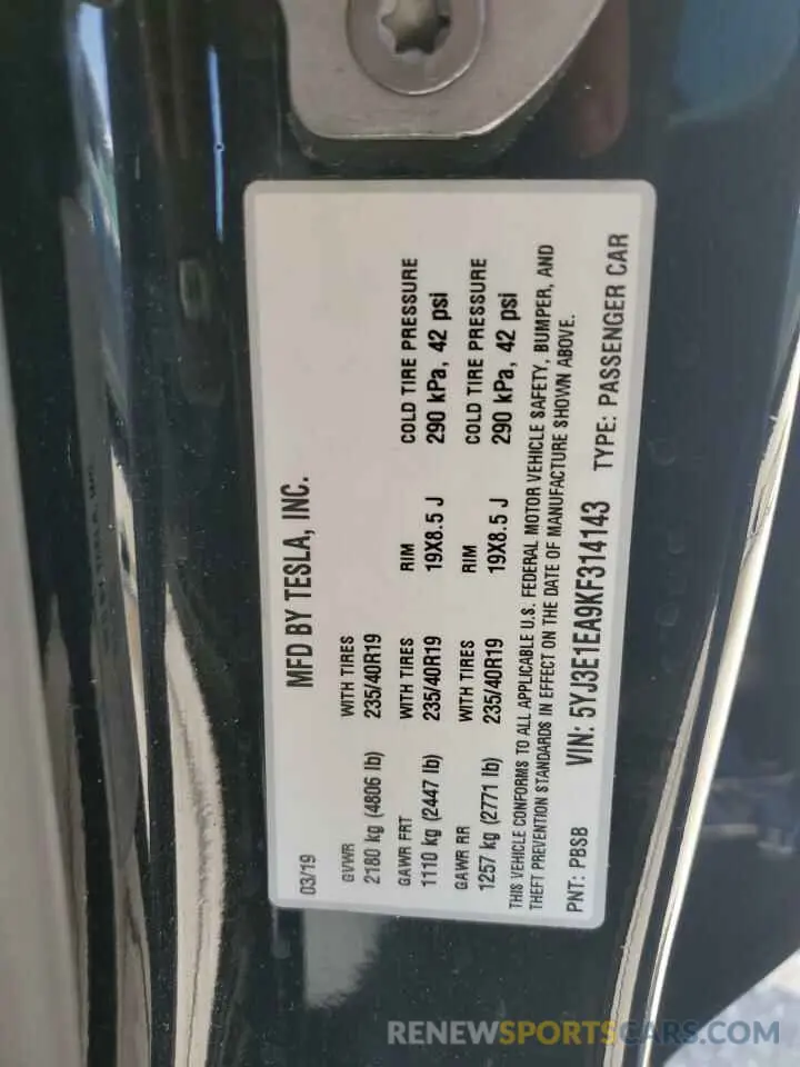 13 Photograph of a damaged car 5YJ3E1EA9KF314143 TESLA MODEL 3 2019