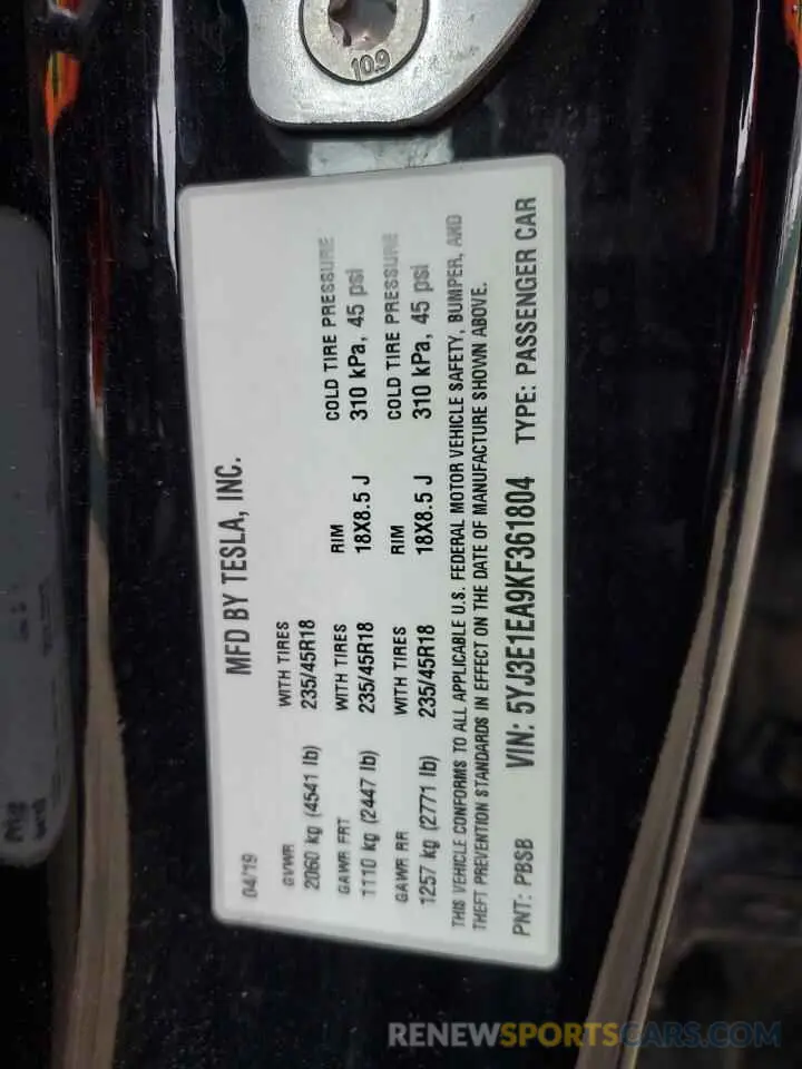 12 Photograph of a damaged car 5YJ3E1EA9KF361804 TESLA MODEL 3 2019