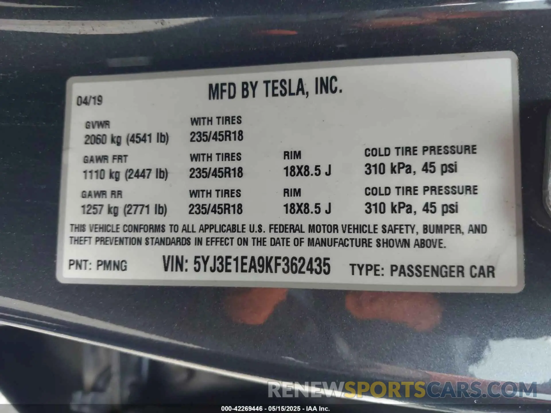 9 Фотография поврежденного автомобиля 5YJ3E1EA9KF362435 TESLA MODEL 3 2019
