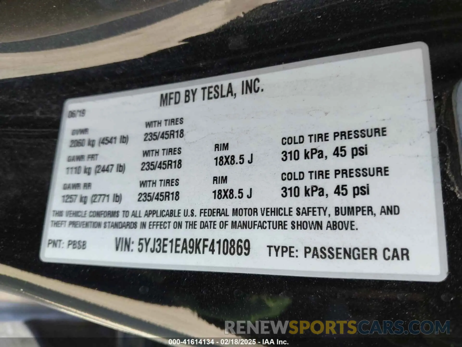 9 Фотография поврежденного автомобиля 5YJ3E1EA9KF410869 TESLA MODEL 3 2019