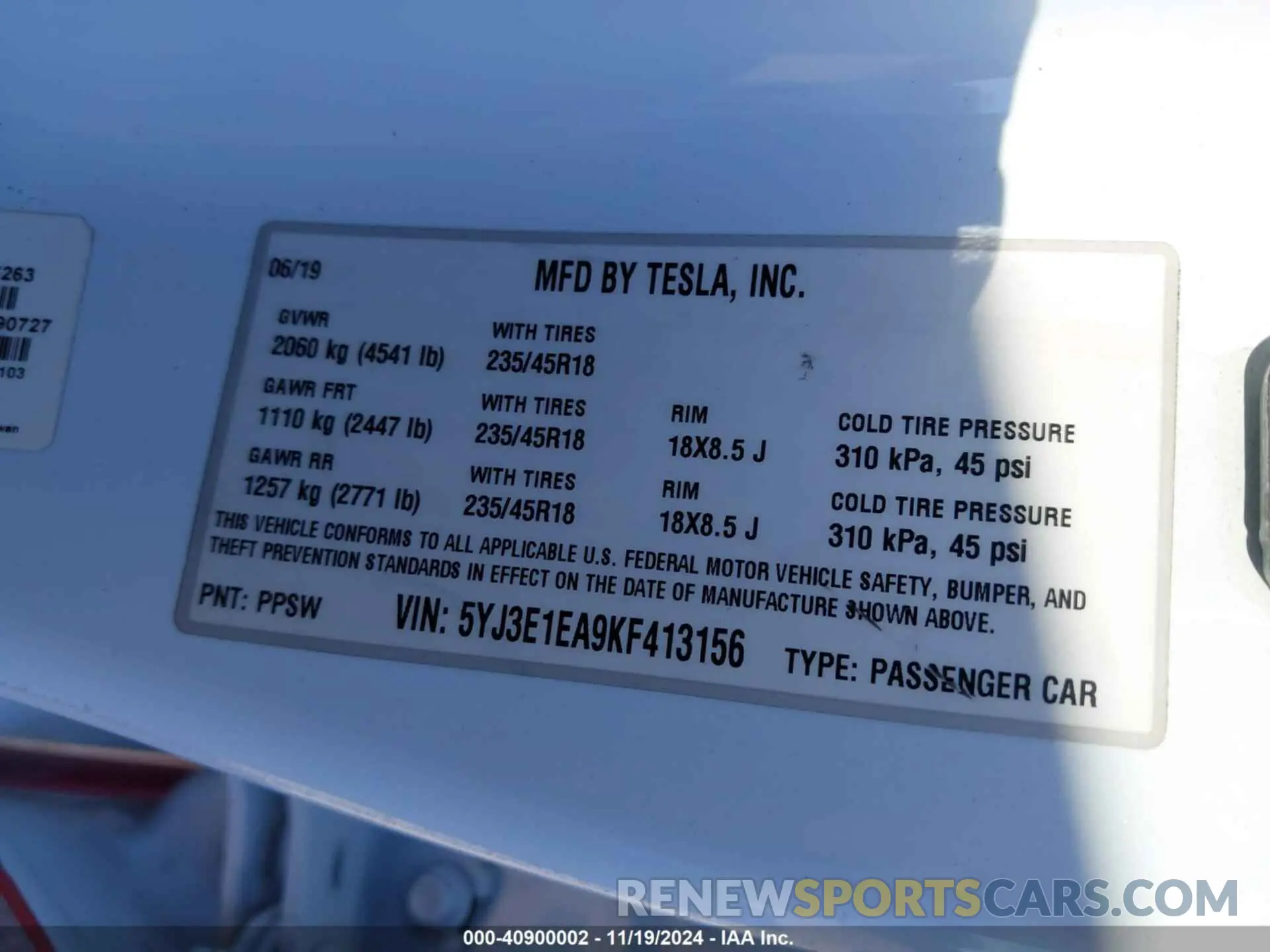 9 Фотография поврежденного автомобиля 5YJ3E1EA9KF413156 TESLA MODEL 3 2019