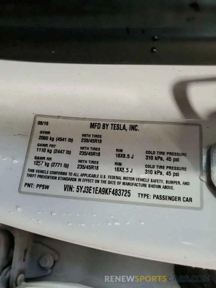 12 Фотография поврежденного автомобиля 5YJ3E1EA9KF483725 TESLA MODEL 3 2019