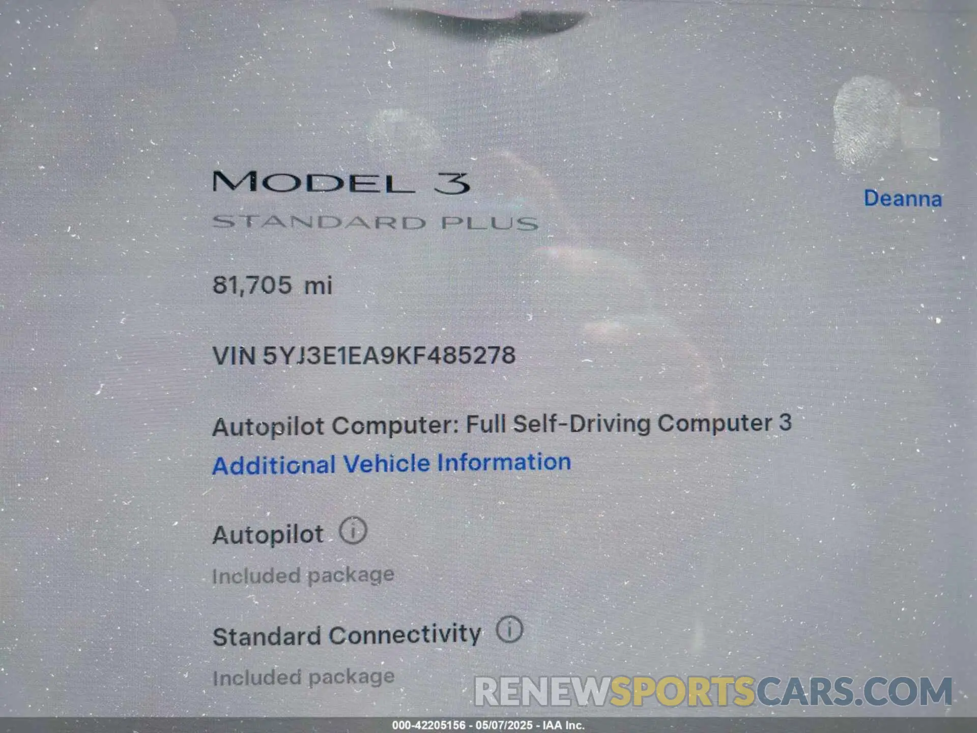 7 Фотография поврежденного автомобиля 5YJ3E1EA9KF485278 TESLA MODEL 3 2019