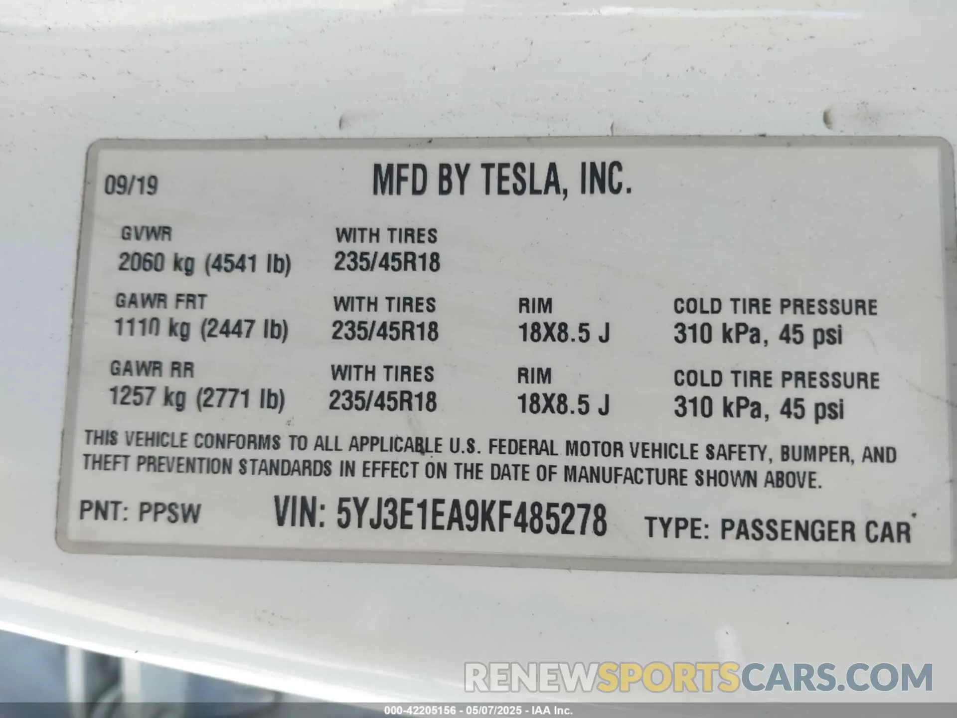 9 Фотография поврежденного автомобиля 5YJ3E1EA9KF485278 TESLA MODEL 3 2019