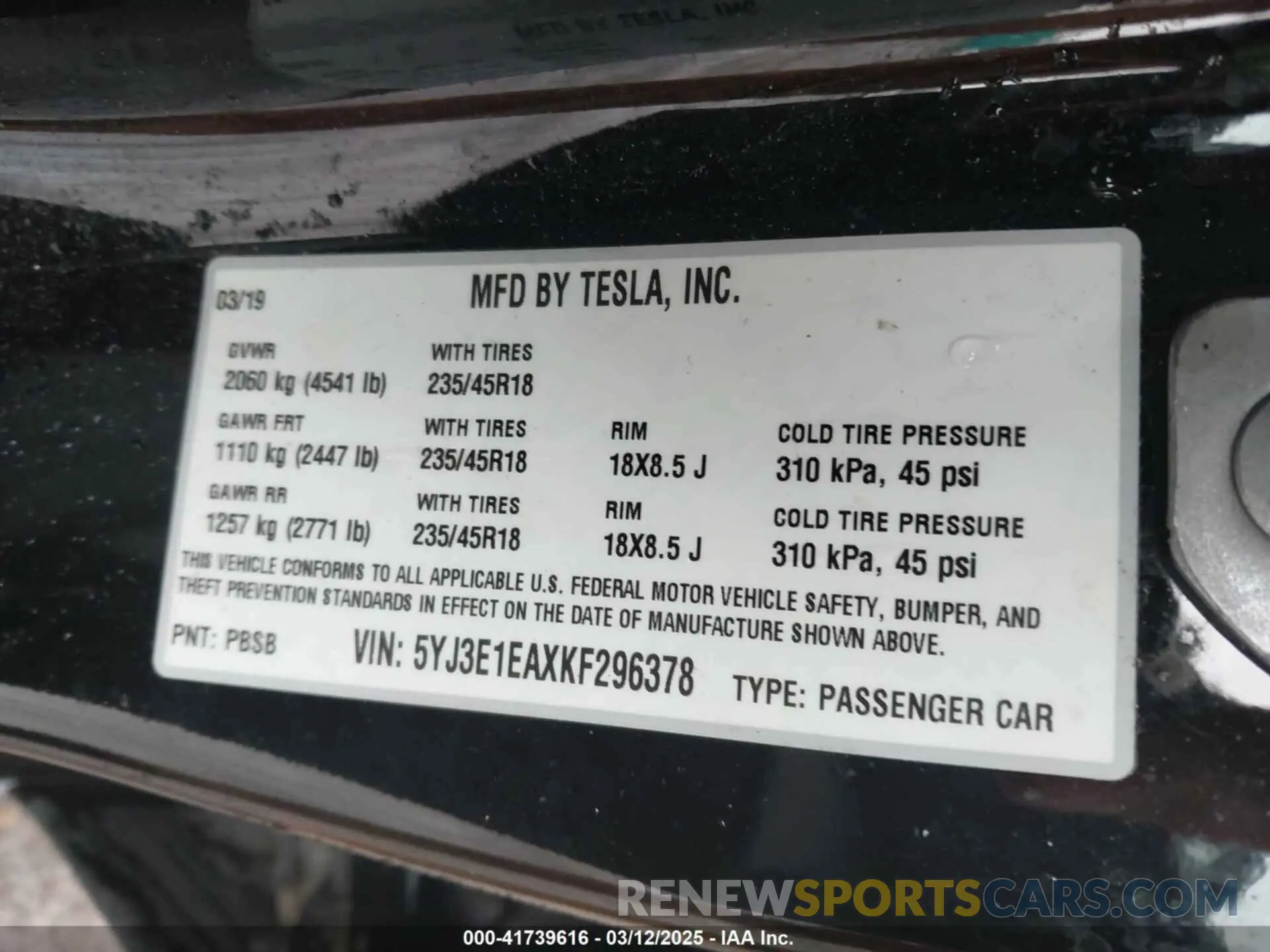 9 Фотография поврежденного автомобиля 5YJ3E1EAXKF296378 TESLA MODEL 3 2019