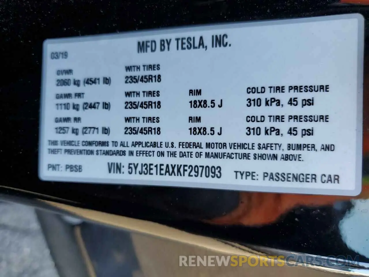 12 Photograph of a damaged car 5YJ3E1EAXKF297093 TESLA MODEL 3 2019