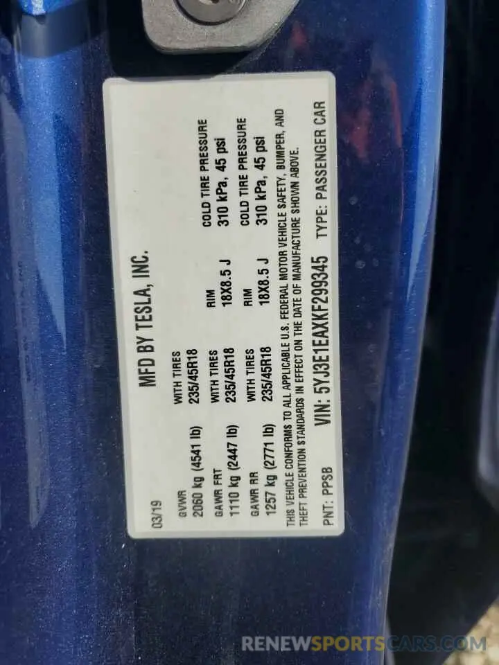12 Фотография поврежденного автомобиля 5YJ3E1EAXKF299345 TESLA MODEL 3 2019