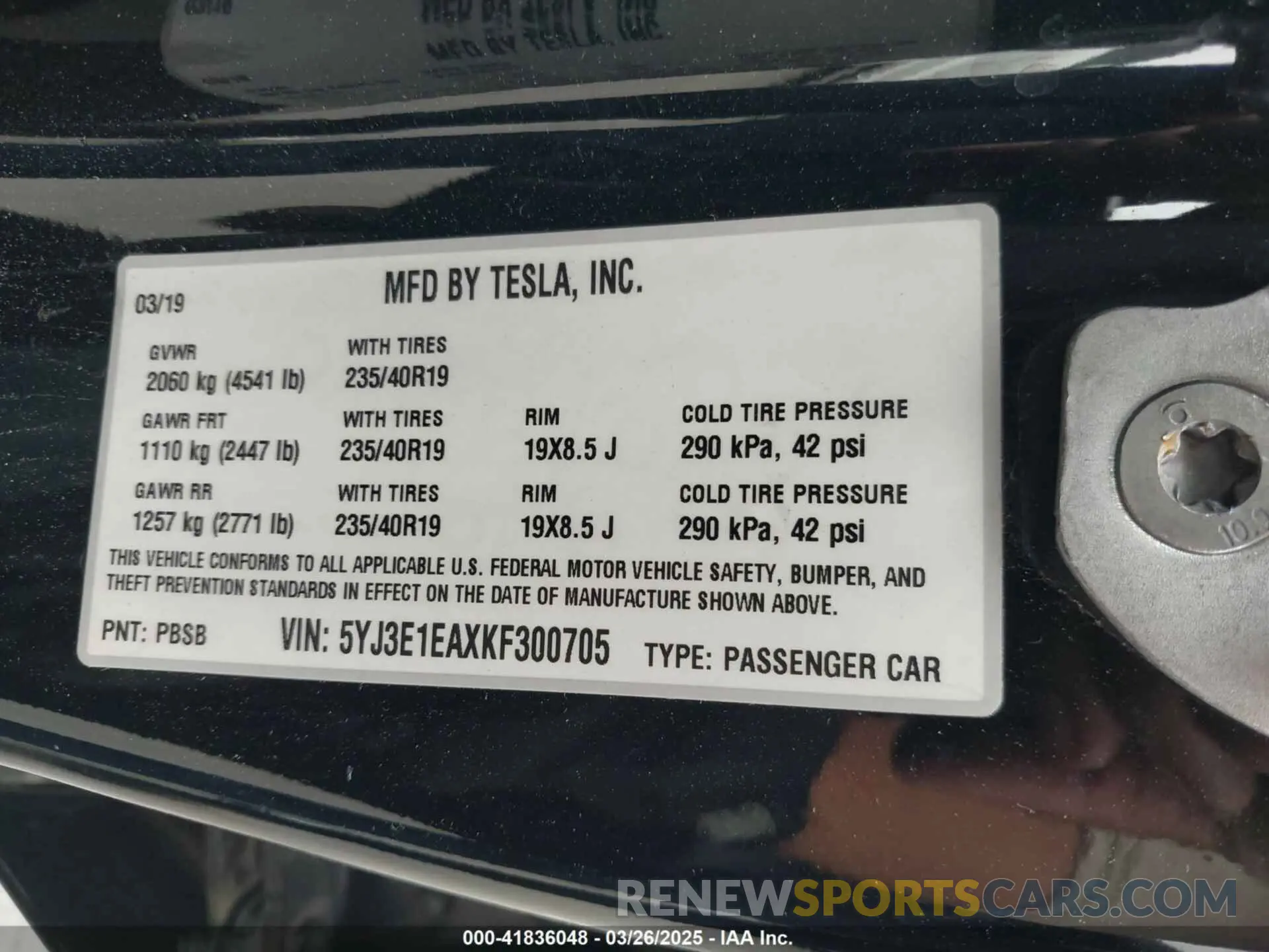 9 Фотография поврежденного автомобиля 5YJ3E1EAXKF300705 TESLA MODEL 3 2019