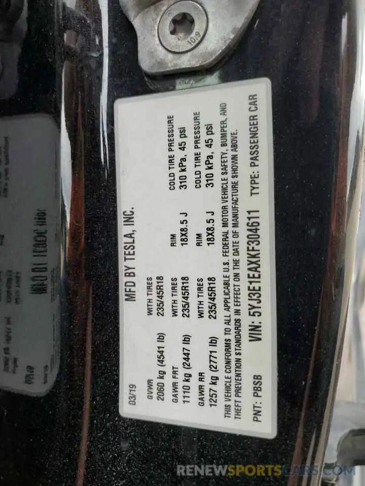 13 Фотография поврежденного автомобиля 5YJ3E1EAXKF304611 TESLA MODEL 3 2019