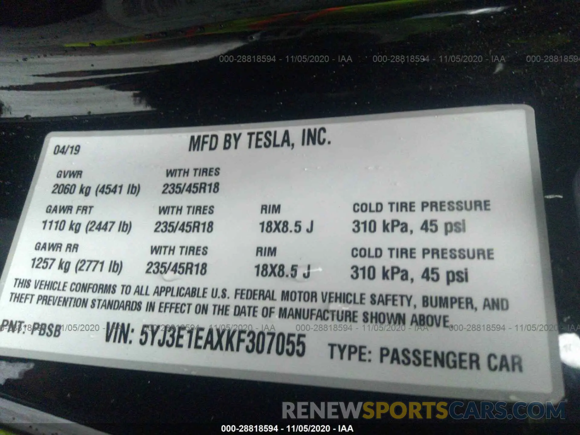9 Photograph of a damaged car 5YJ3E1EAXKF307055 TESLA MODEL 3 2019