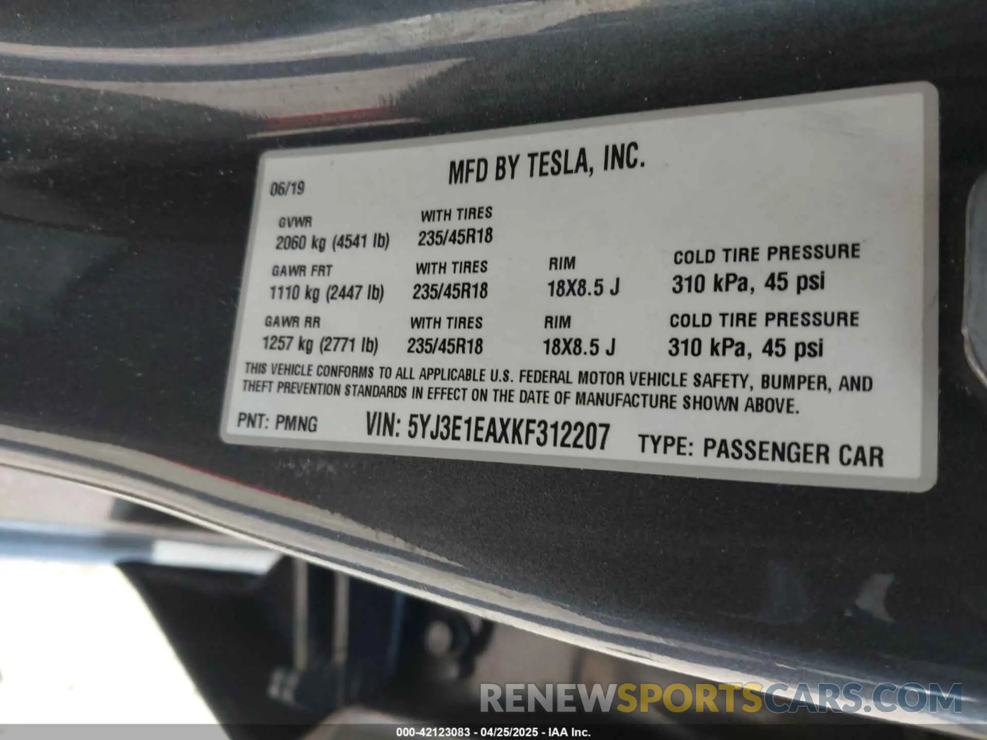 9 Фотография поврежденного автомобиля 5YJ3E1EAXKF312207 TESLA MODEL 3 2019