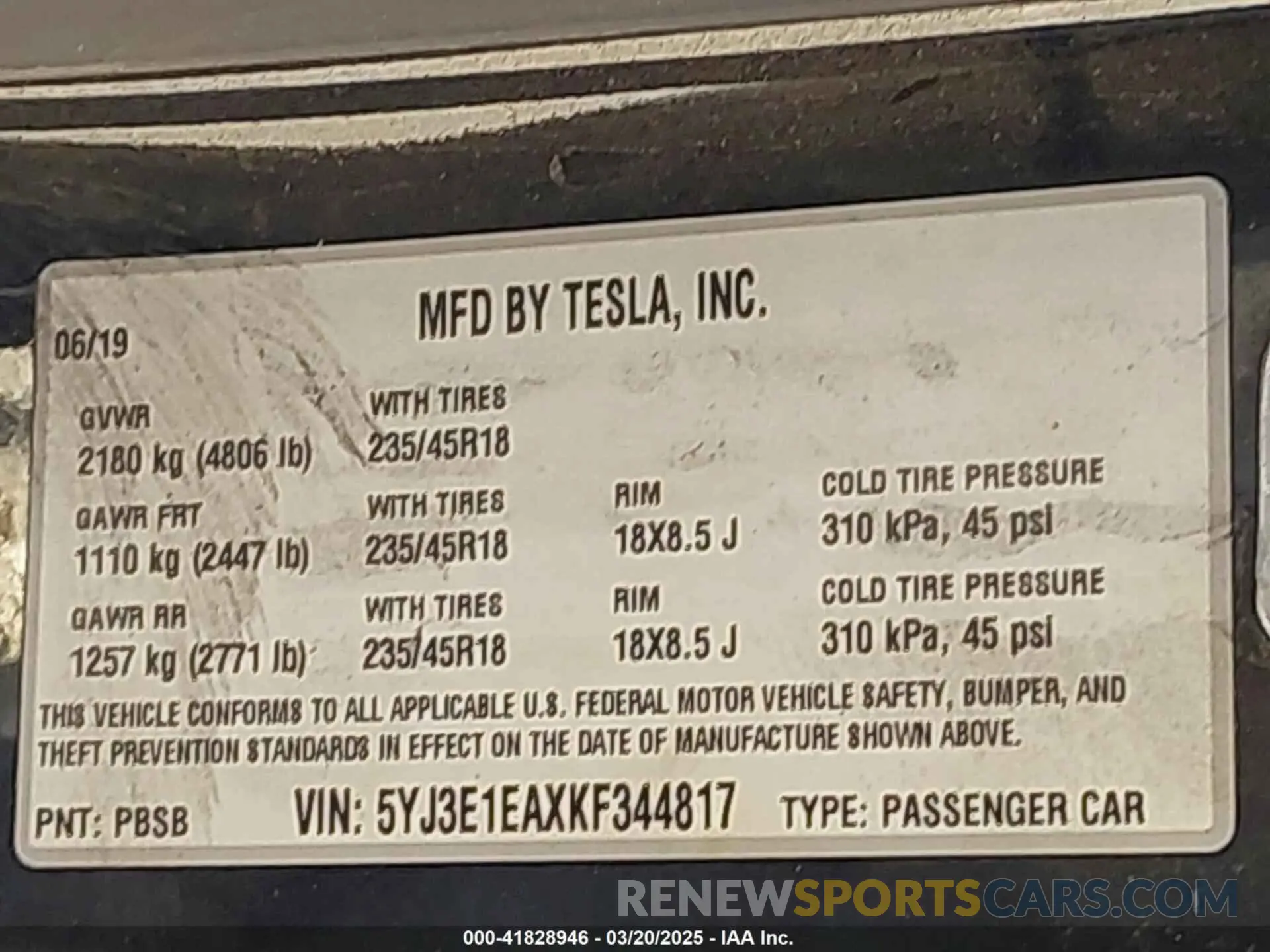9 Фотография поврежденного автомобиля 5YJ3E1EAXKF344817 TESLA MODEL 3 2019