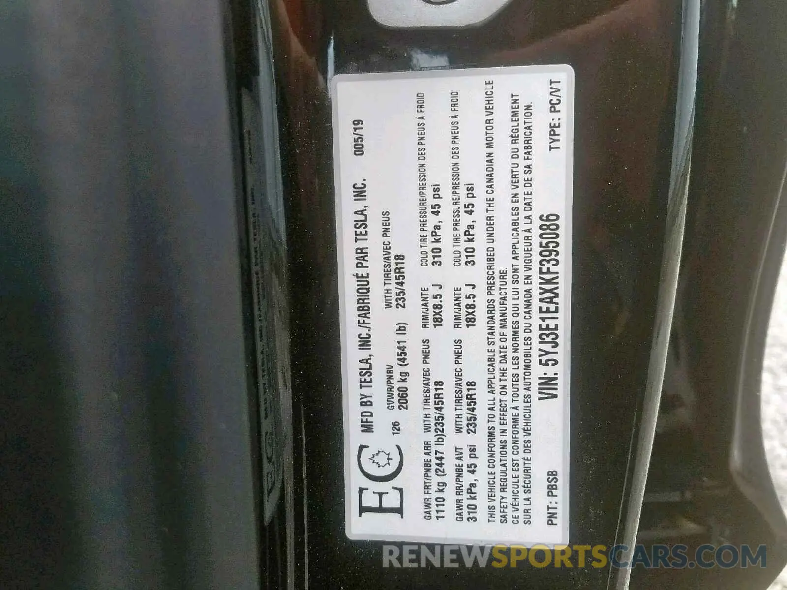 10 Photograph of a damaged car 5YJ3E1EAXKF395086 TESLA MODEL 3 2019