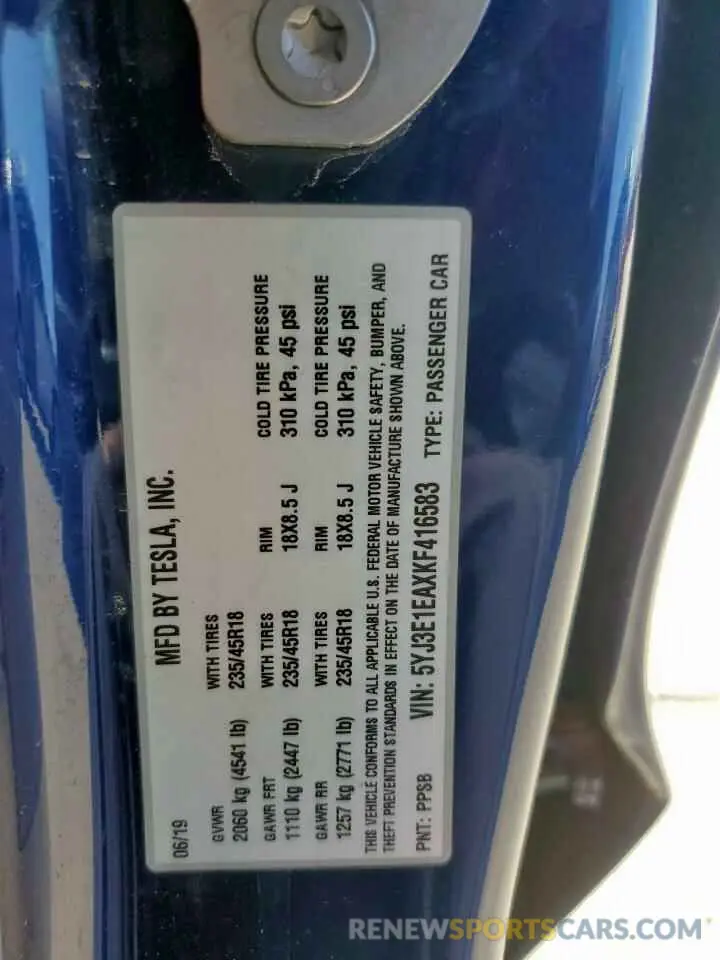 14 Фотография поврежденного автомобиля 5YJ3E1EAXKF416583 TESLA MODEL 3 2019