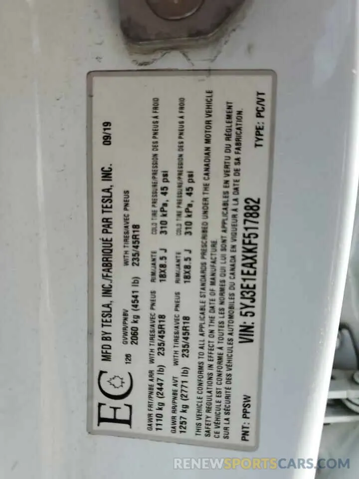 13 Photograph of a damaged car 5YJ3E1EAXKF517882 TESLA MODEL 3 2019