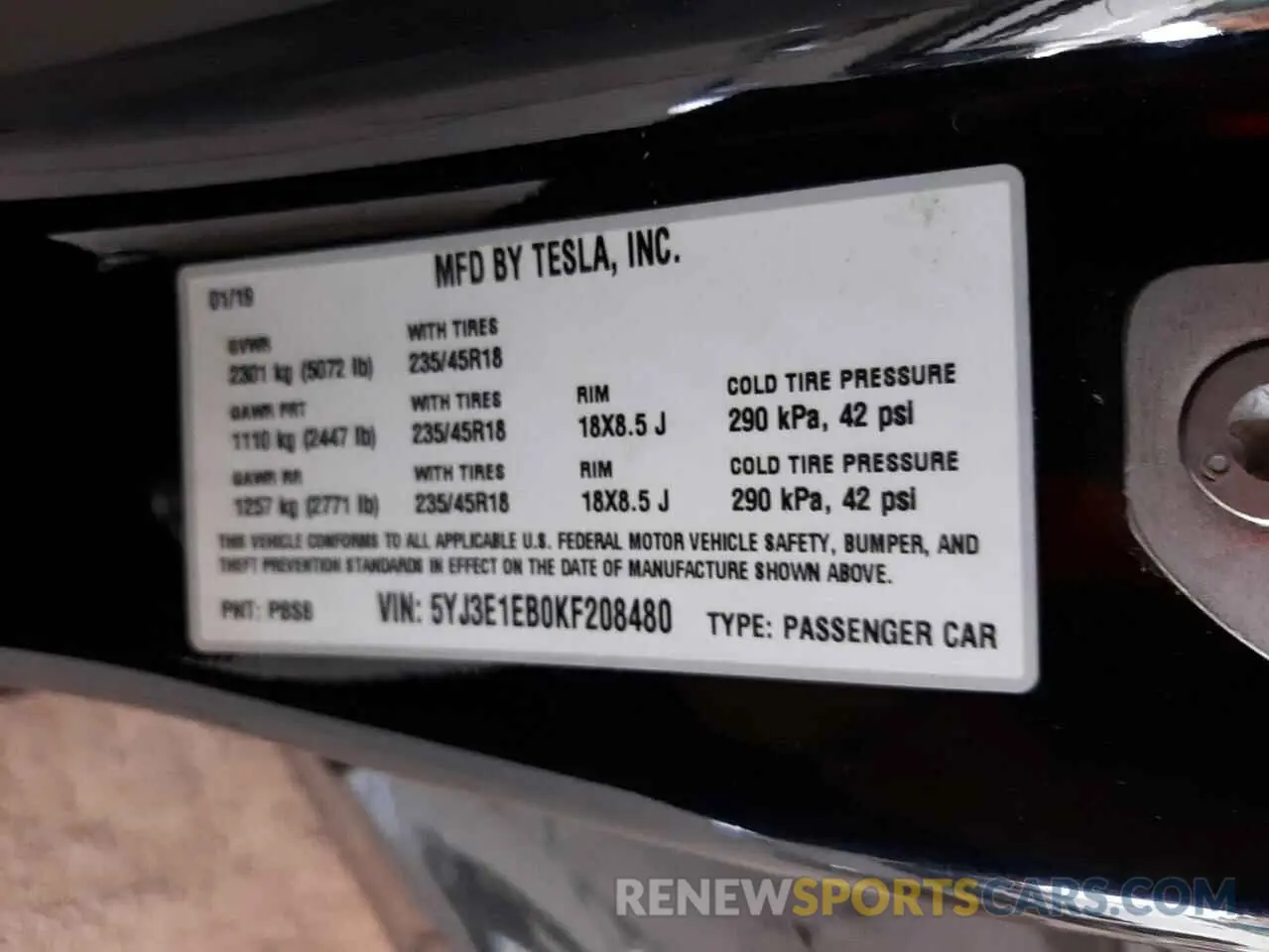 10 Фотография поврежденного автомобиля 5YJ3E1EB0KF208480 TESLA MODEL 3 2019