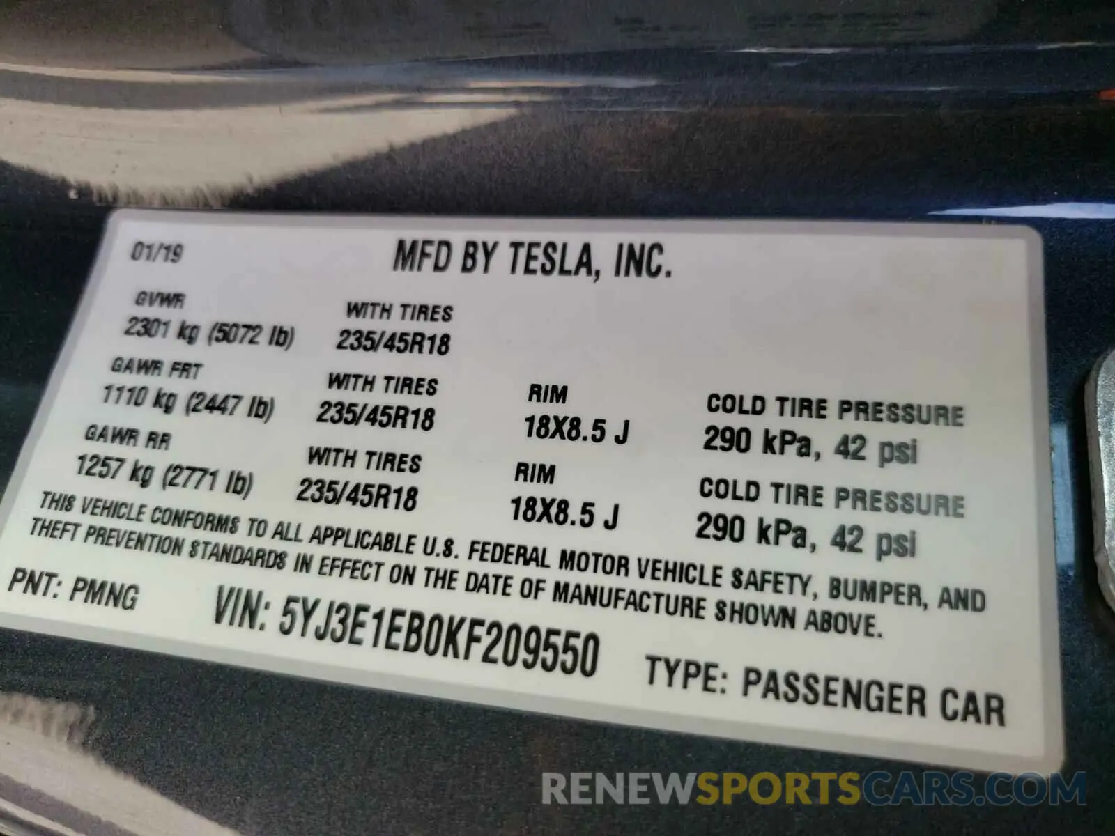 10 Photograph of a damaged car 5YJ3E1EB0KF209550 TESLA MODEL 3 2019