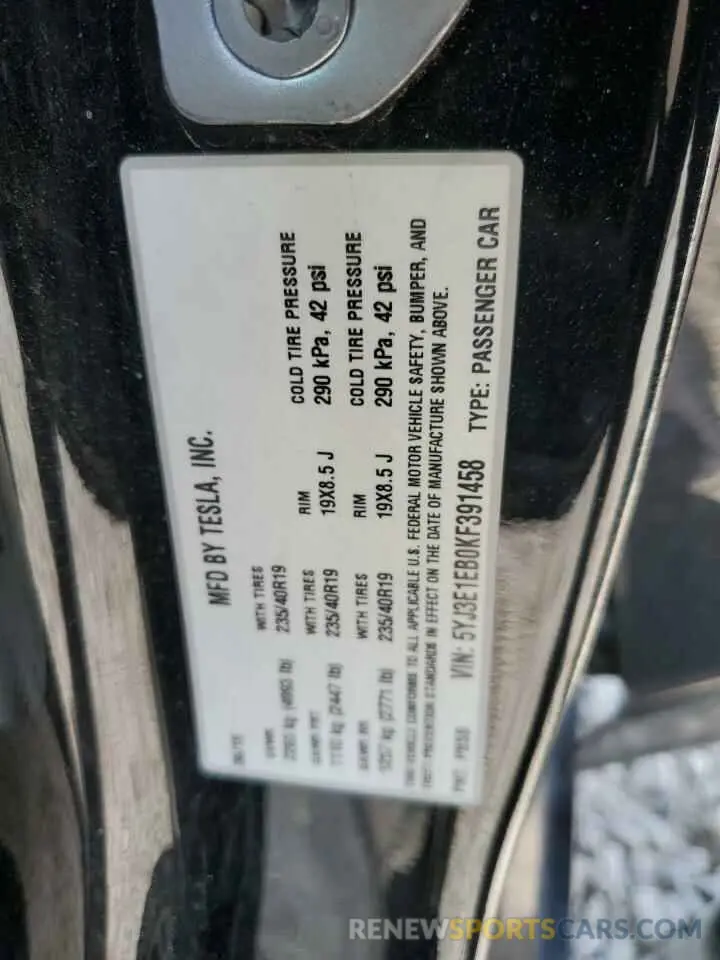 13 Фотография поврежденного автомобиля 5YJ3E1EB0KF391458 TESLA MODEL 3 2019