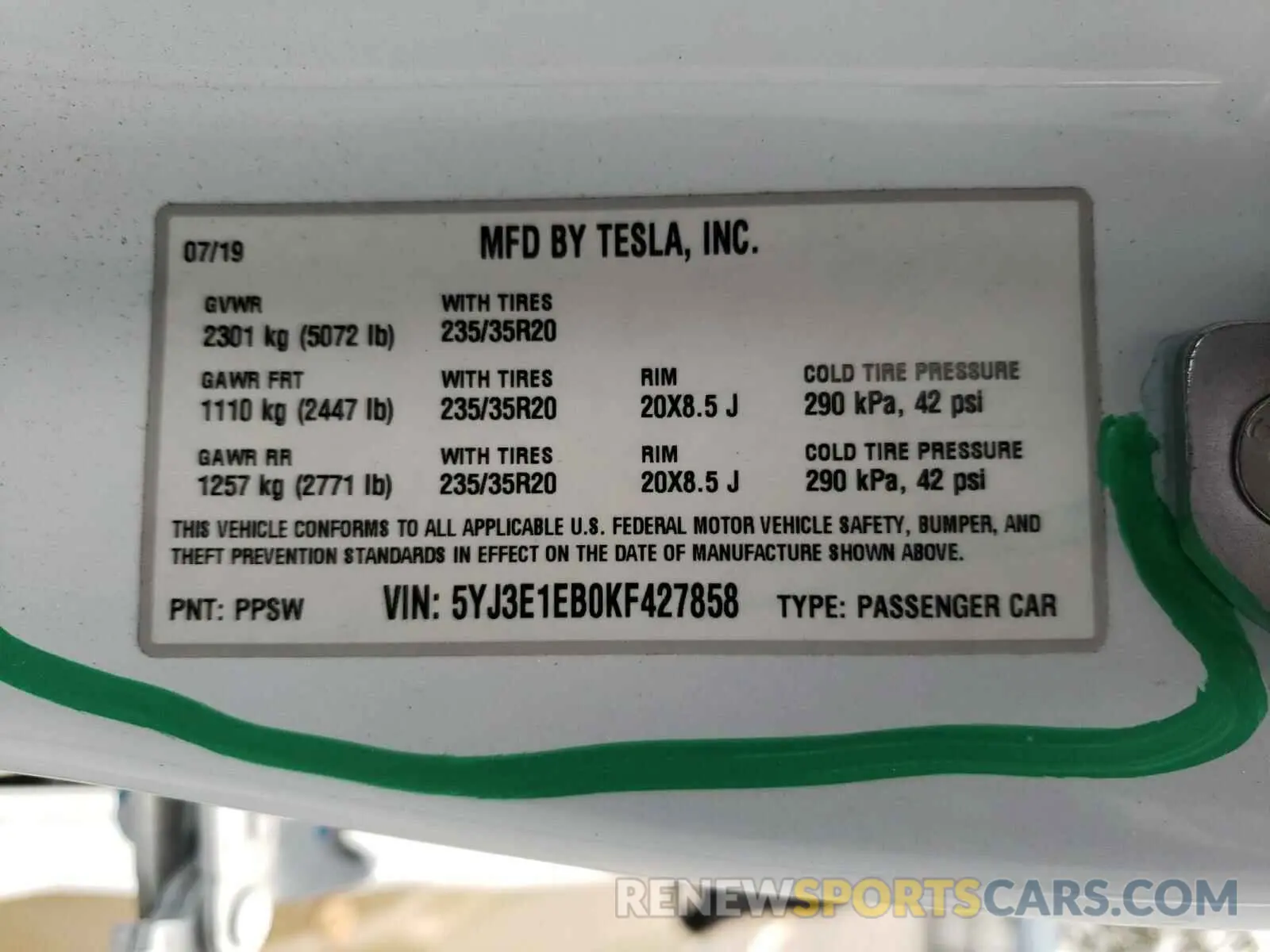 10 Photograph of a damaged car 5YJ3E1EB0KF427858 TESLA MODEL 3 2019