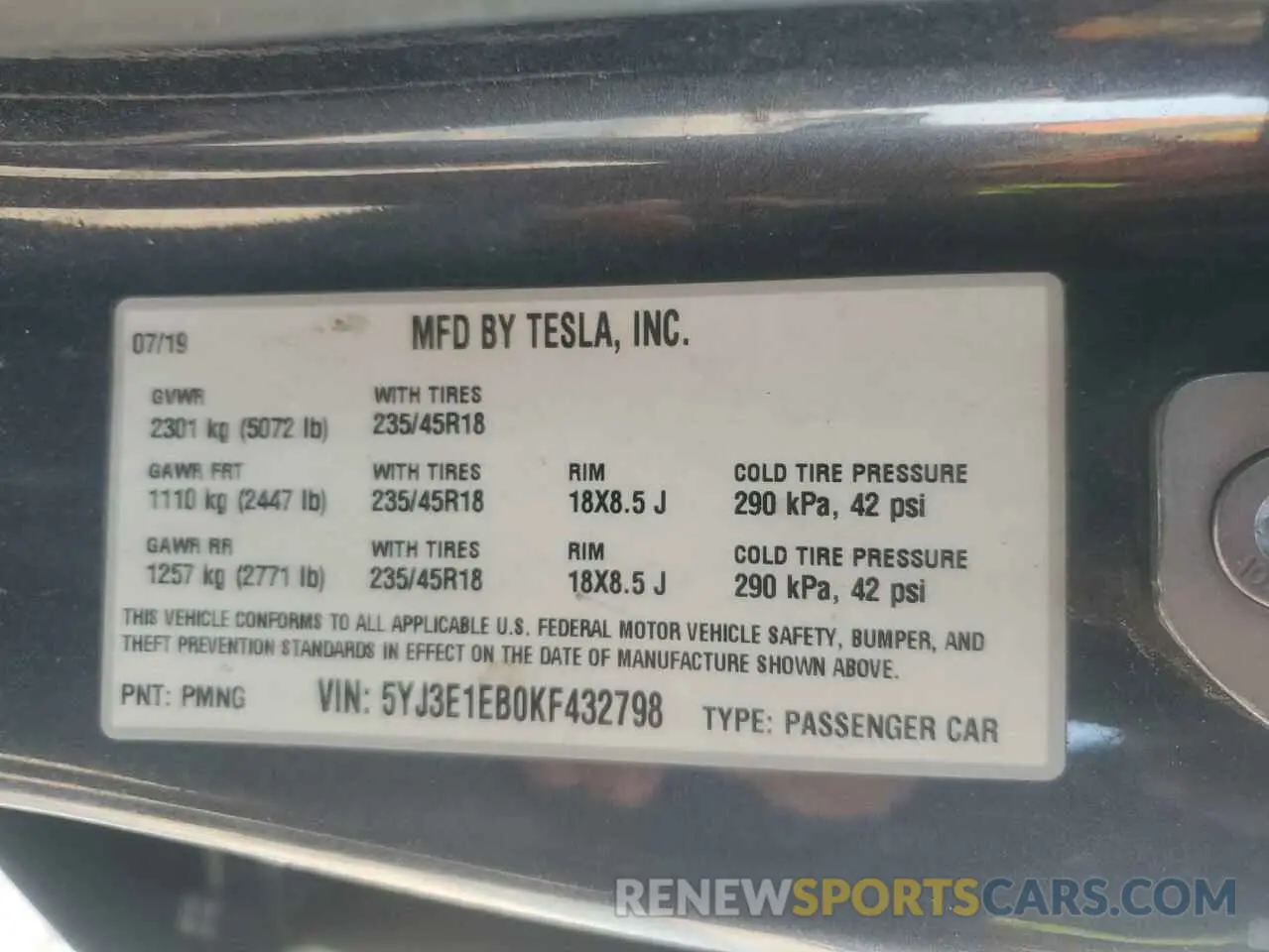 15 Photograph of a damaged car 5YJ3E1EB0KF432798 TESLA MODEL 3 2019