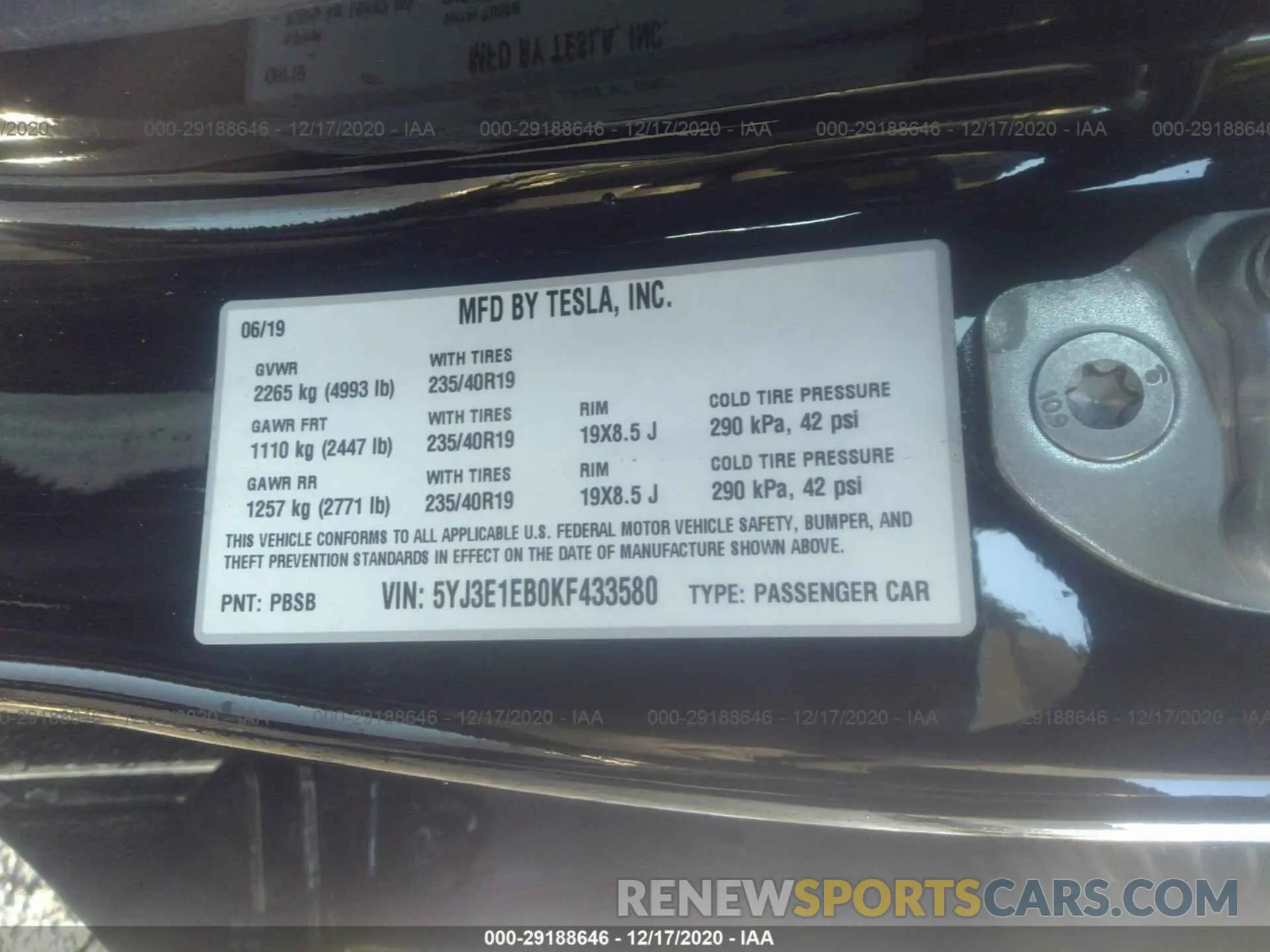 9 Photograph of a damaged car 5YJ3E1EB0KF433580 TESLA MODEL 3 2019