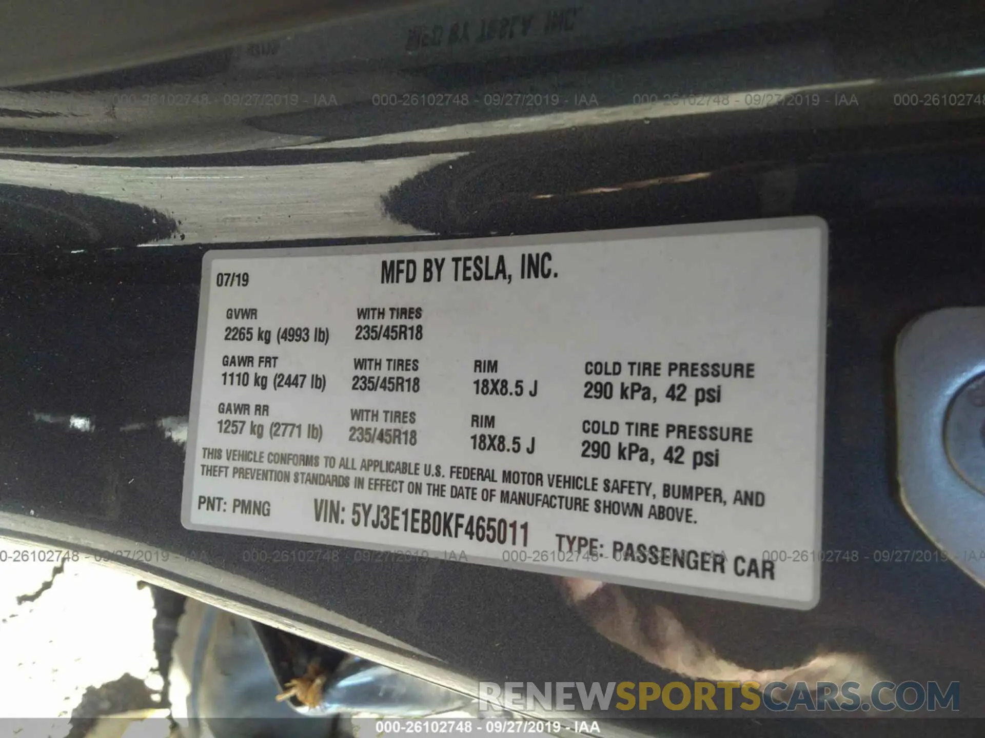 9 Photograph of a damaged car 5YJ3E1EB0KF465011 TESLA MODEL 3 2019
