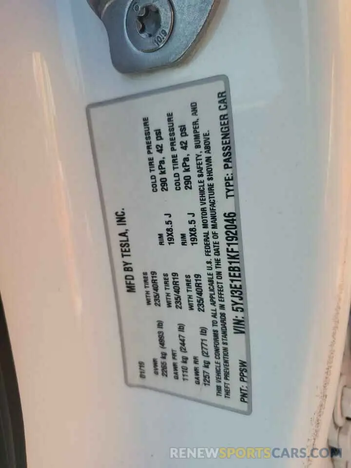 12 Photograph of a damaged car 5YJ3E1EB1KF192046 TESLA MODEL 3 2019