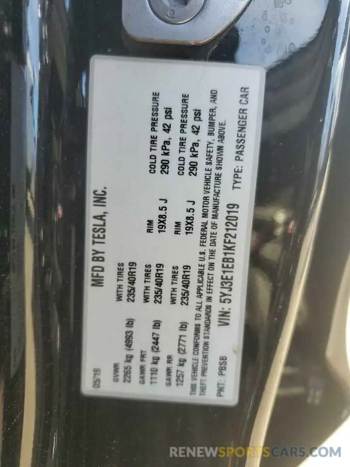 13 Фотография поврежденного автомобиля 5YJ3E1EB1KF212019 TESLA MODEL 3 2019