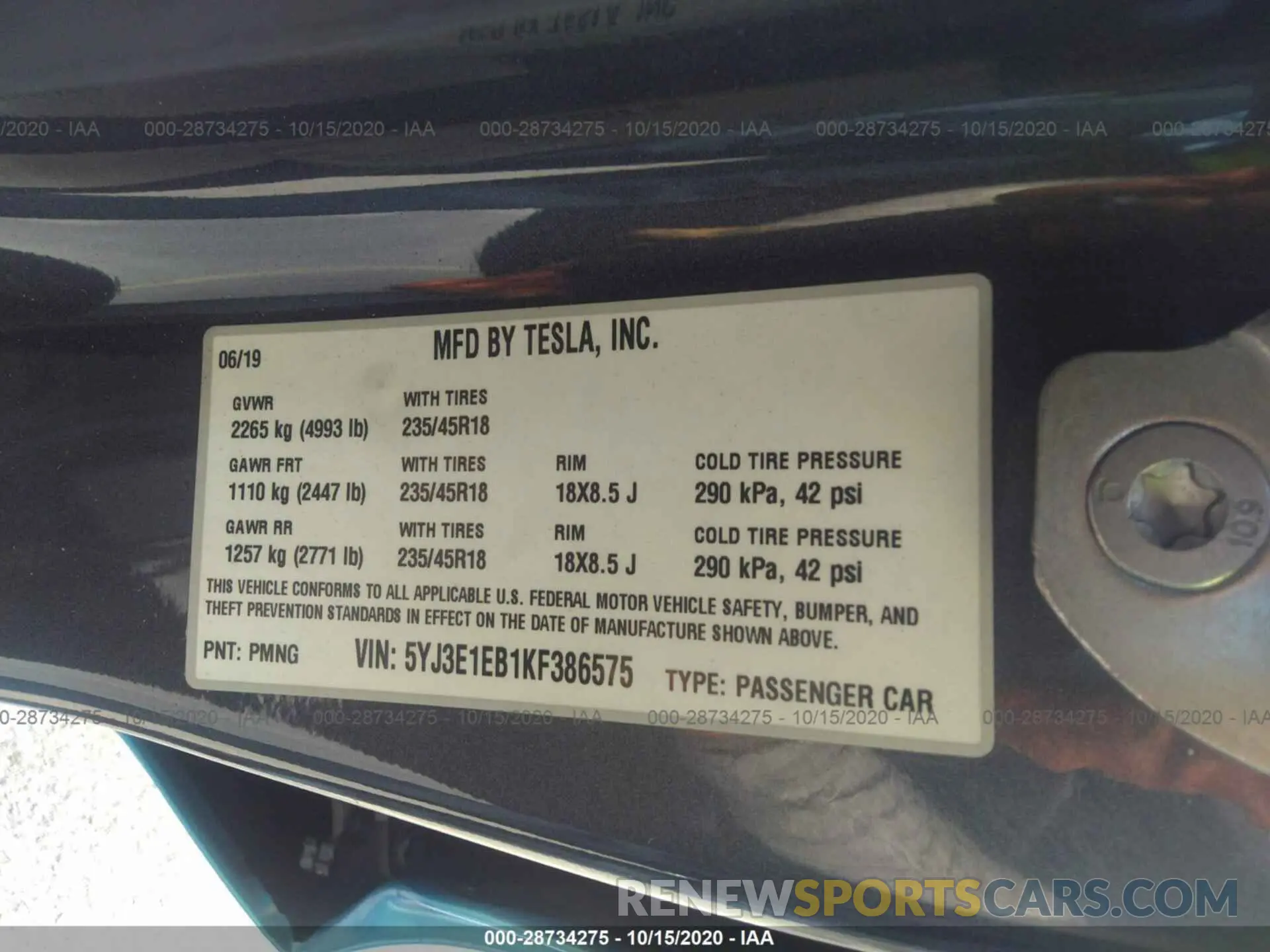 9 Photograph of a damaged car 5YJ3E1EB1KF386575 TESLA MODEL 3 2019