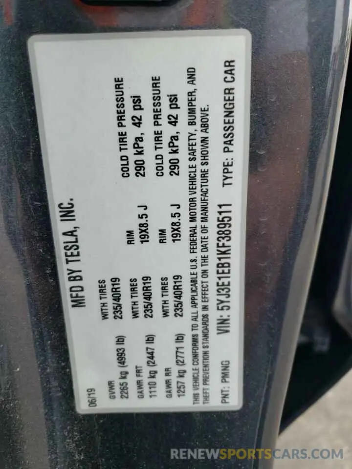 13 Photograph of a damaged car 5YJ3E1EB1KF389511 TESLA MODEL 3 2019