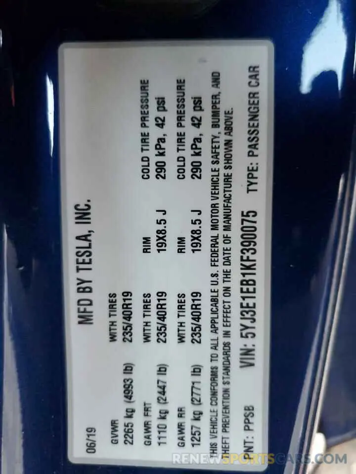 12 Photograph of a damaged car 5YJ3E1EB1KF390075 TESLA MODEL 3 2019