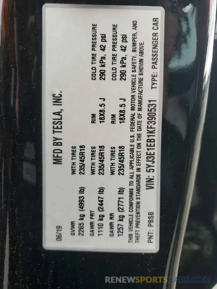 12 Фотография поврежденного автомобиля 5YJ3E1EB1KF390531 TESLA MODEL 3 2019