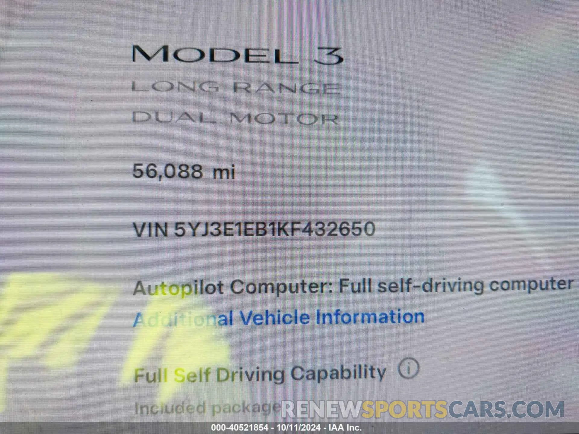 15 Фотография поврежденного автомобиля 5YJ3E1EB1KF432650 TESLA MODEL 3 2019