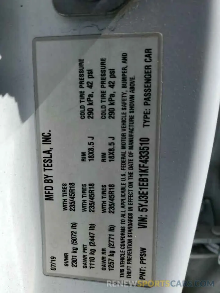 14 Photograph of a damaged car 5YJ3E1EB1KF433510 TESLA MODEL 3 2019