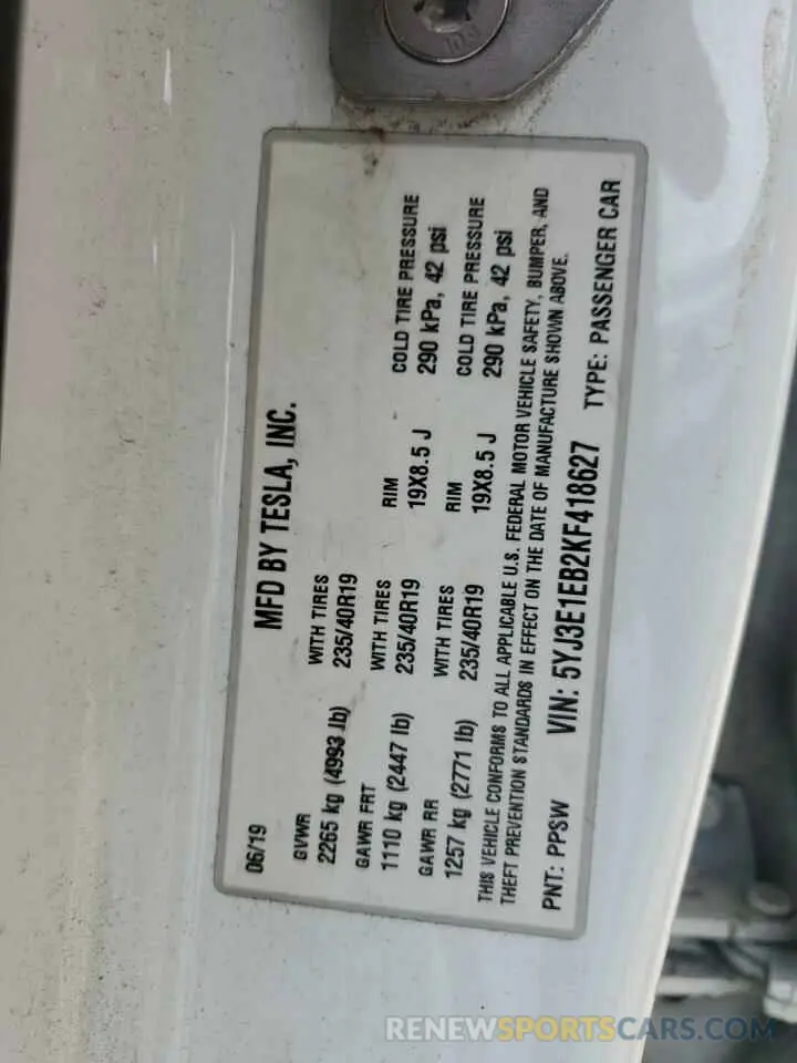 14 Фотография поврежденного автомобиля 5YJ3E1EB2KF418627 TESLA MODEL 3 2019
