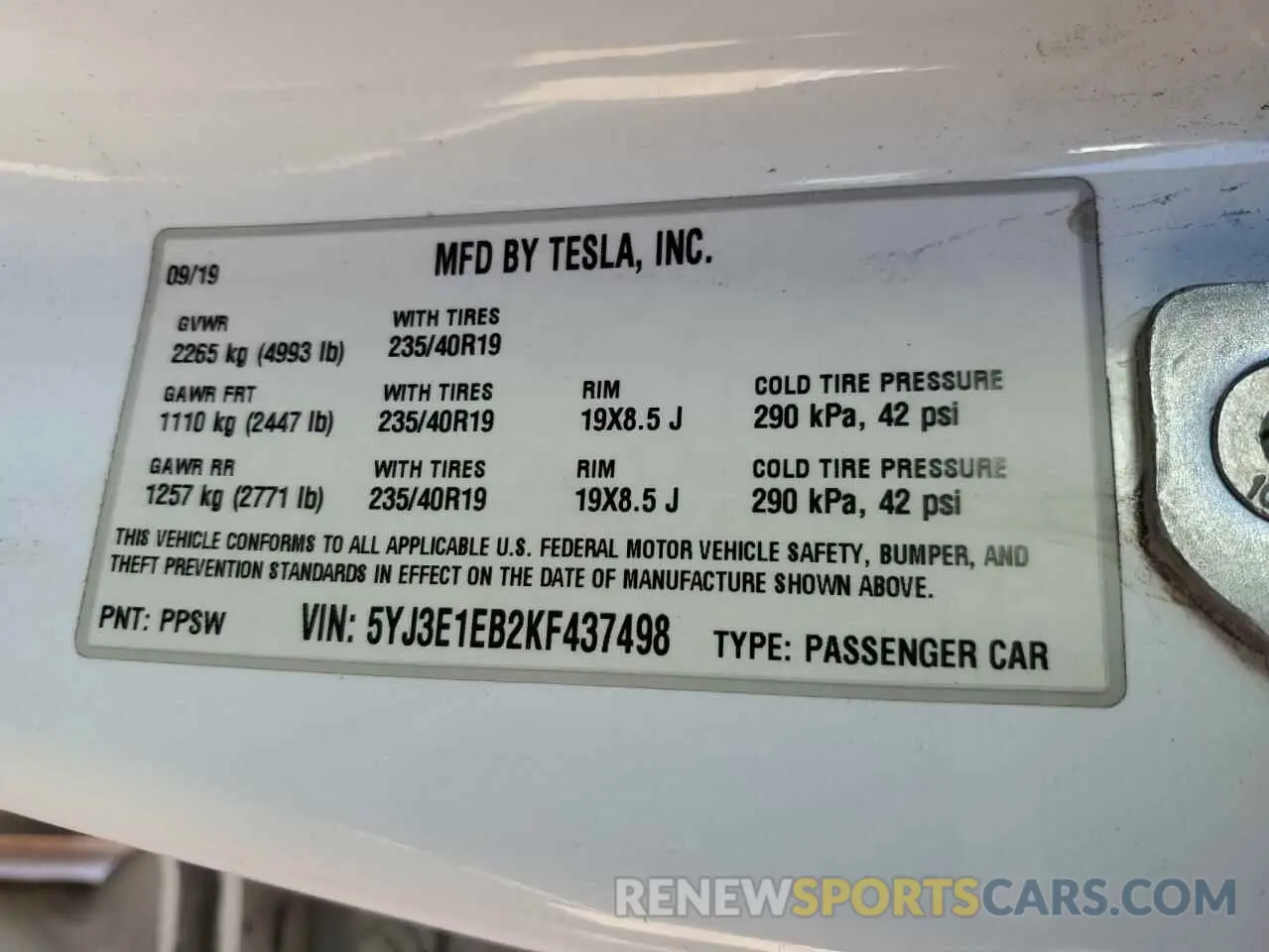 12 Photograph of a damaged car 5YJ3E1EB2KF437498 TESLA MODEL 3 2019