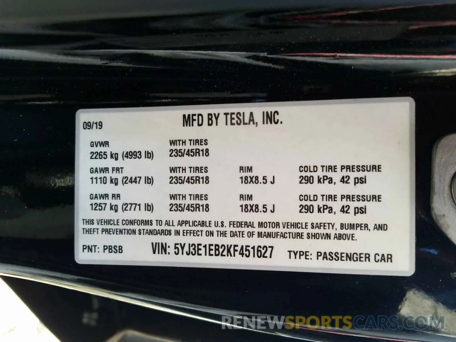 10 Photograph of a damaged car 5YJ3E1EB2KF451627 TESLA MODEL 3 2019
