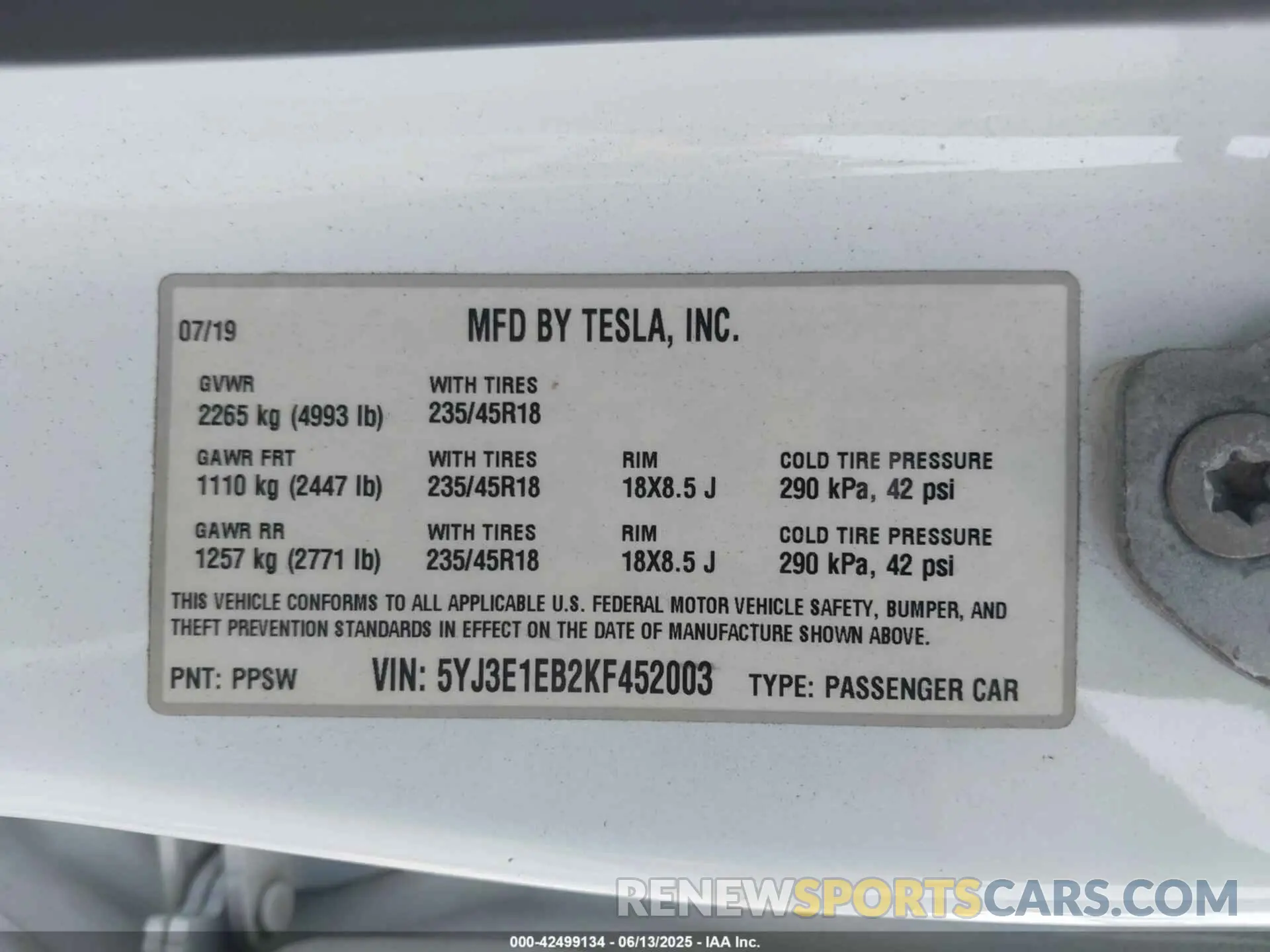 9 Фотография поврежденного автомобиля 5YJ3E1EB2KF452003 TESLA MODEL 3 2019