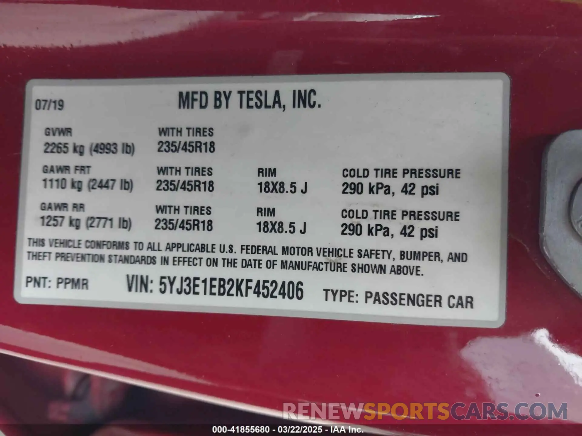 9 Фотография поврежденного автомобиля 5YJ3E1EB2KF452406 TESLA MODEL 3 2019