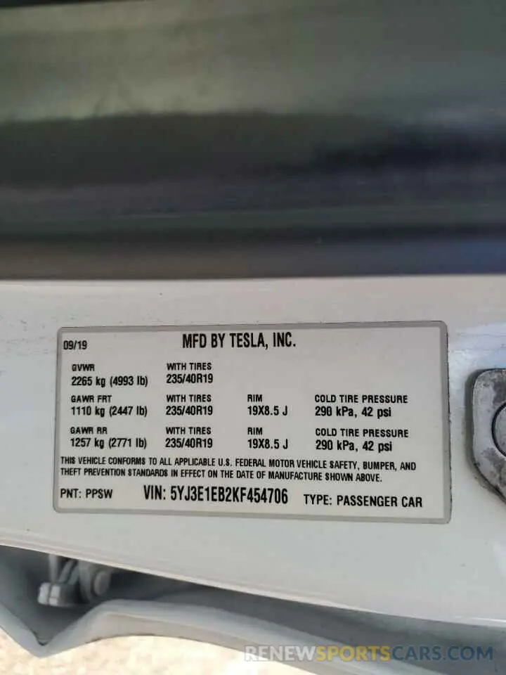 13 Фотография поврежденного автомобиля 5YJ3E1EB2KF454706 TESLA MODEL 3 2019