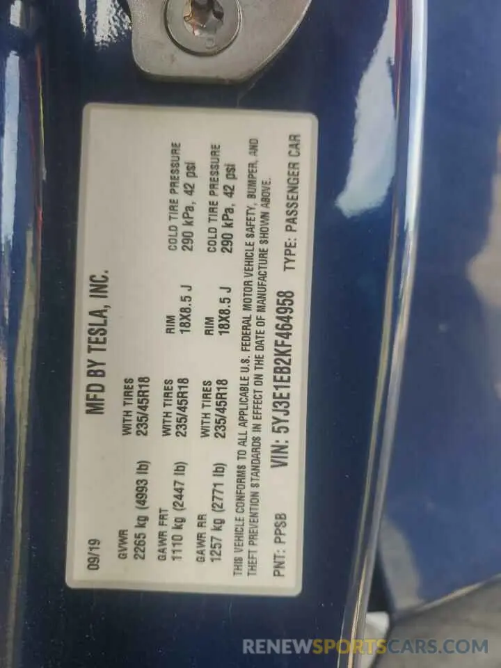 12 Фотография поврежденного автомобиля 5YJ3E1EB2KF464958 TESLA MODEL 3 2019