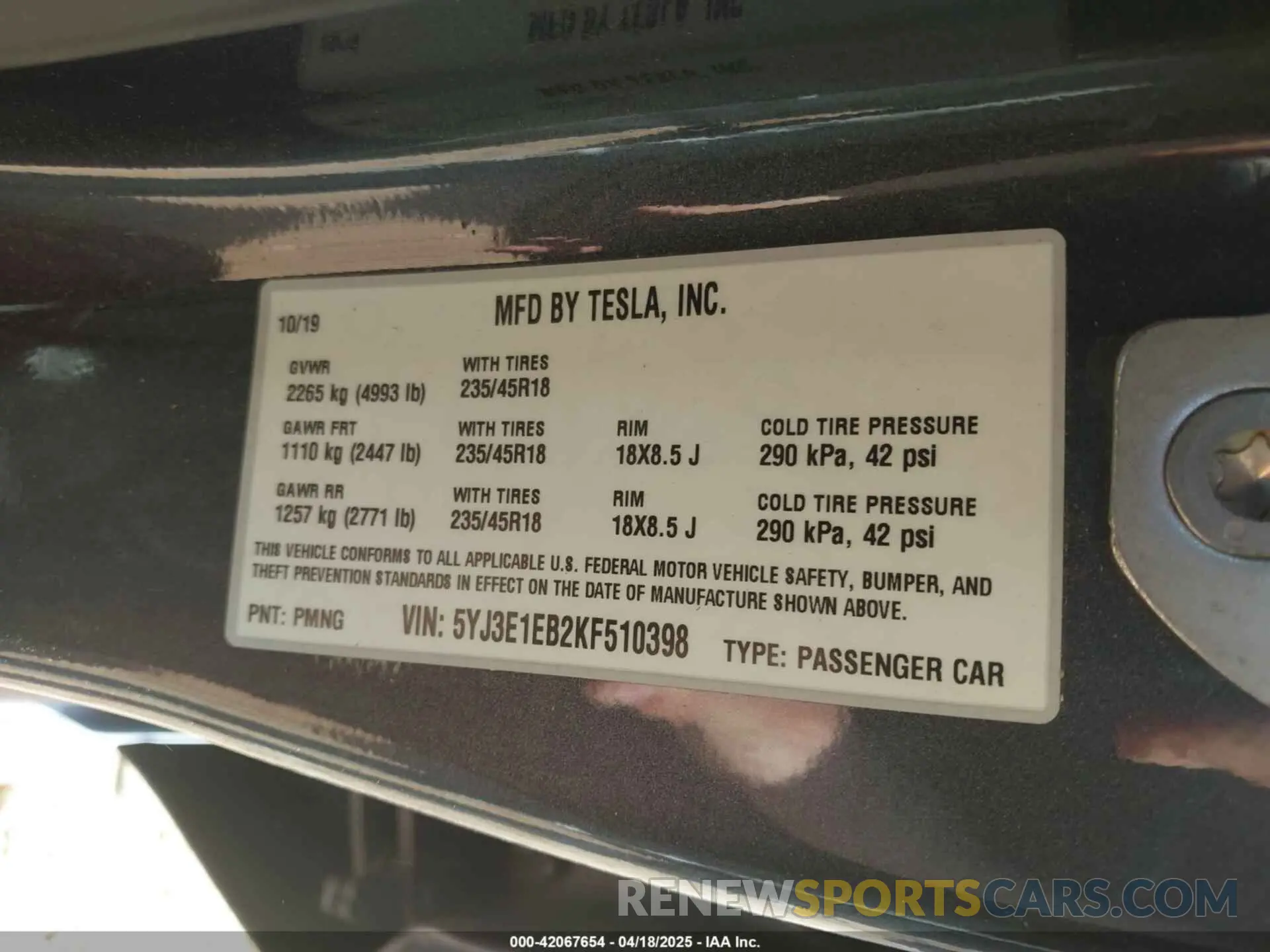 9 Фотография поврежденного автомобиля 5YJ3E1EB2KF510398 TESLA MODEL 3 2019