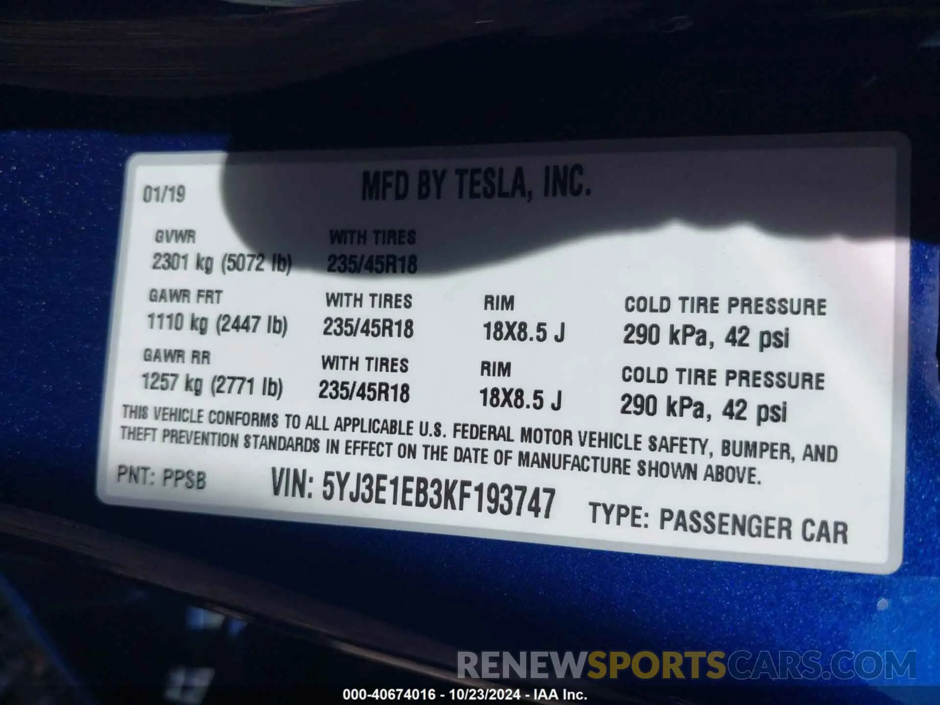 9 Photograph of a damaged car 5YJ3E1EB3KF193747 TESLA MODEL 3 2019