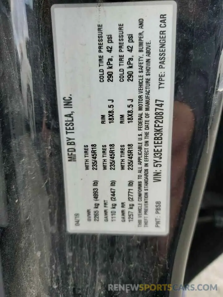 13 Фотография поврежденного автомобиля 5YJ3E1EB3KF208747 TESLA MODEL 3 2019