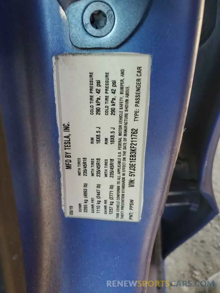12 Фотография поврежденного автомобиля 5YJ3E1EB3KF211762 TESLA MODEL 3 2019