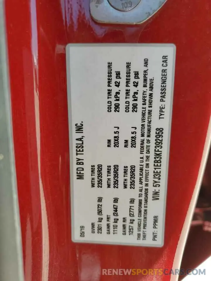 13 Photograph of a damaged car 5YJ3E1EB3KF392958 TESLA MODEL 3 2019