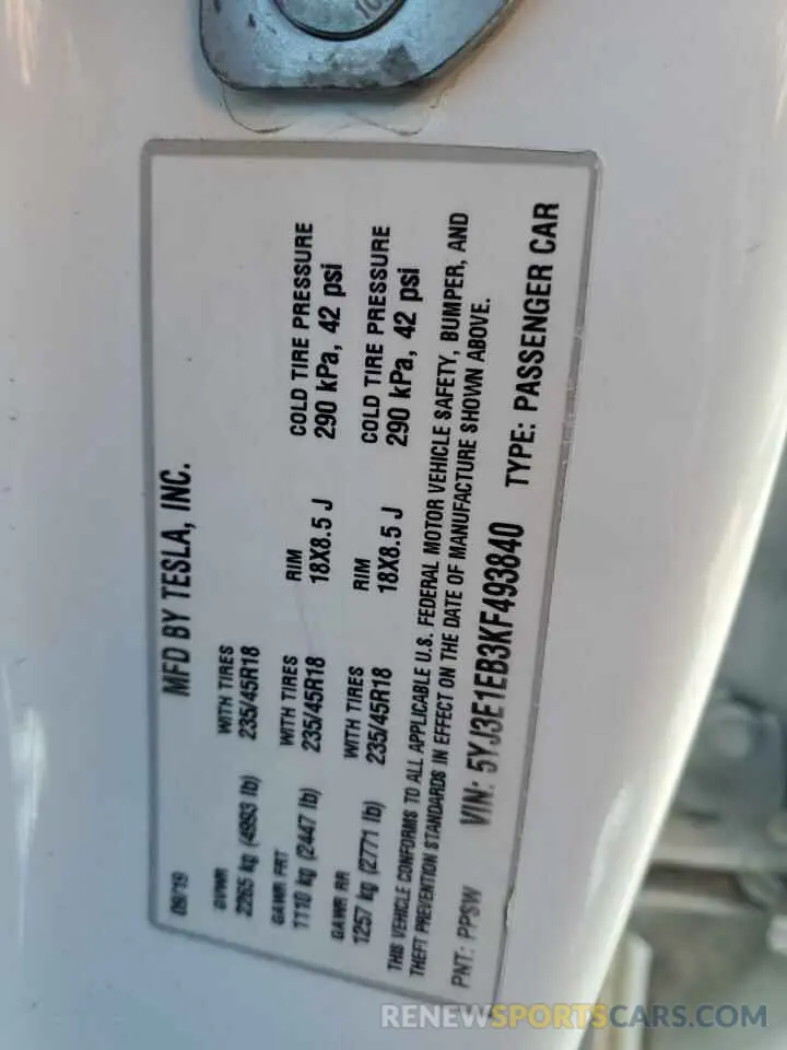 12 Photograph of a damaged car 5YJ3E1EB3KF493840 TESLA MODEL 3 2019